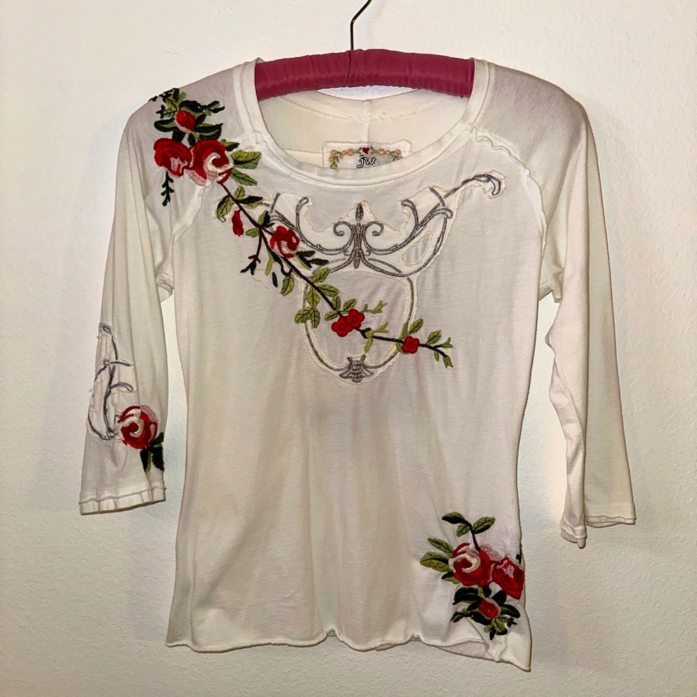 Johnny Was Los Angeles Avec Fleurs White Long Sleeve Roses Scoop Neck Shirt  M